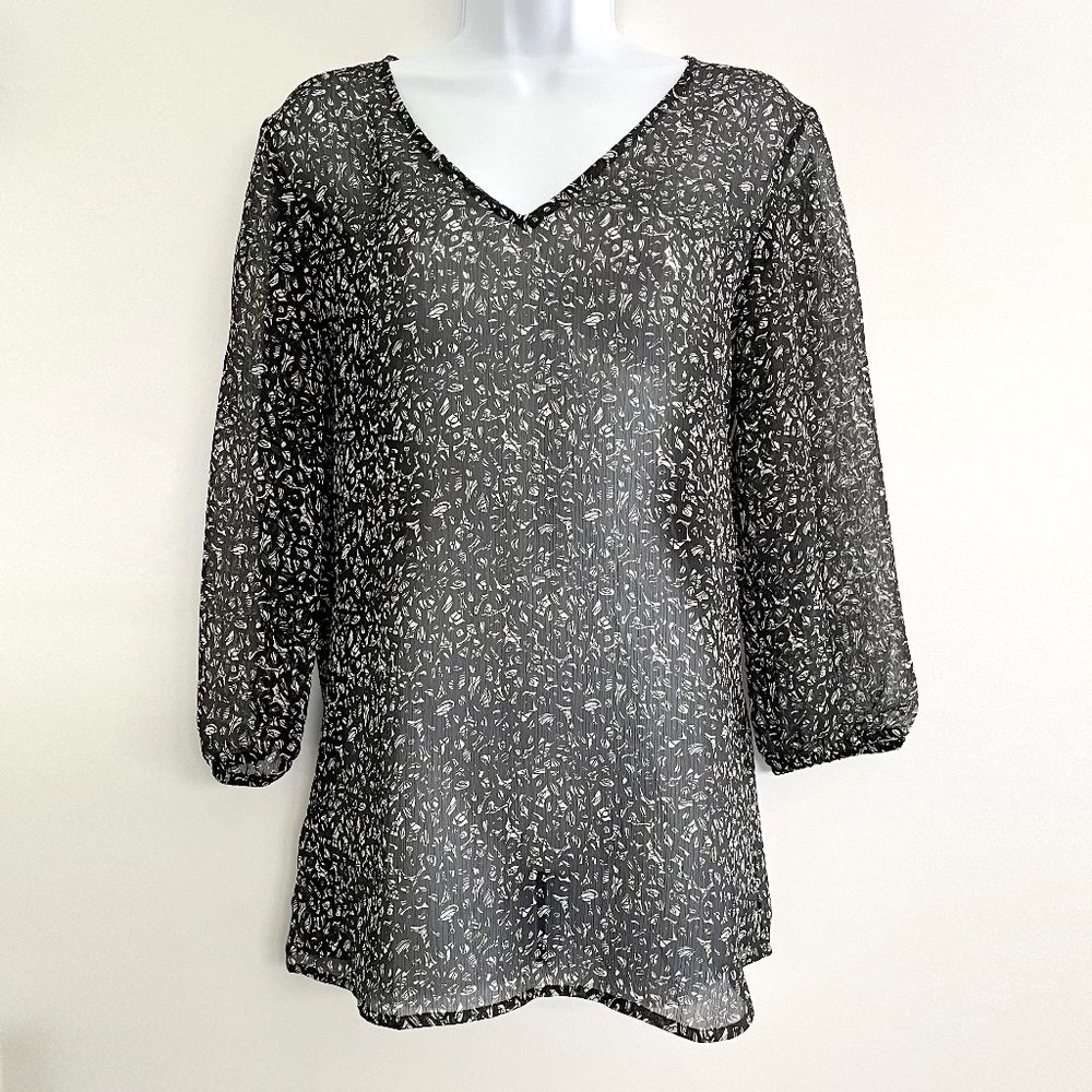 Ann Taylor 3/4 Stretch Sleeve Black Print Sheer Tunic Top